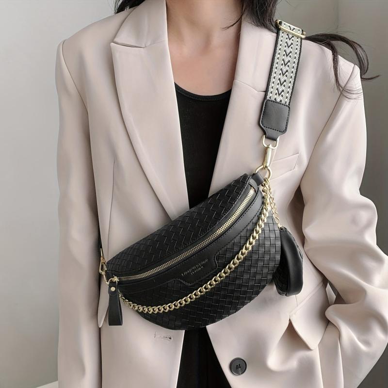 Braided Detail Chest Bag With Coin Purse Chain Crossbody Bag
