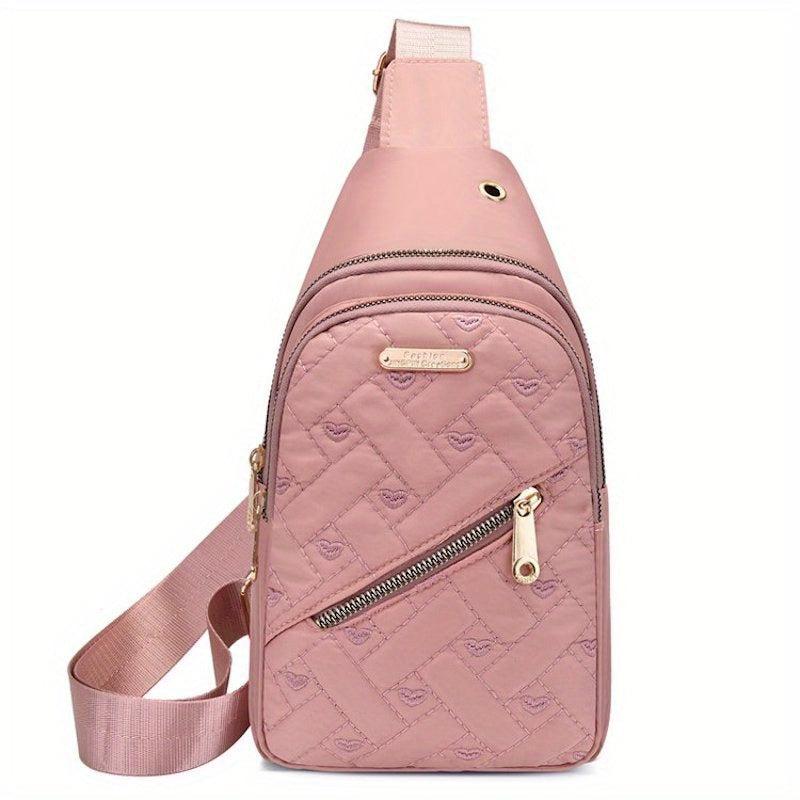 Heart Embroidered Quilted Chest Bag Nylon Sports Fitness Sling Bag