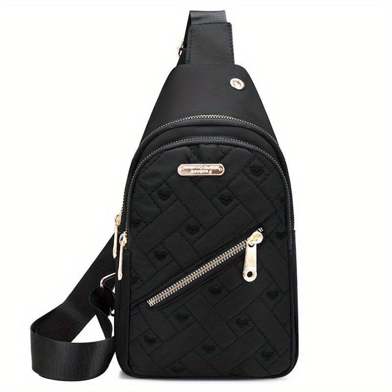 Heart Embroidered Quilted Chest Bag Nylon Sports Fitness Sling Bag