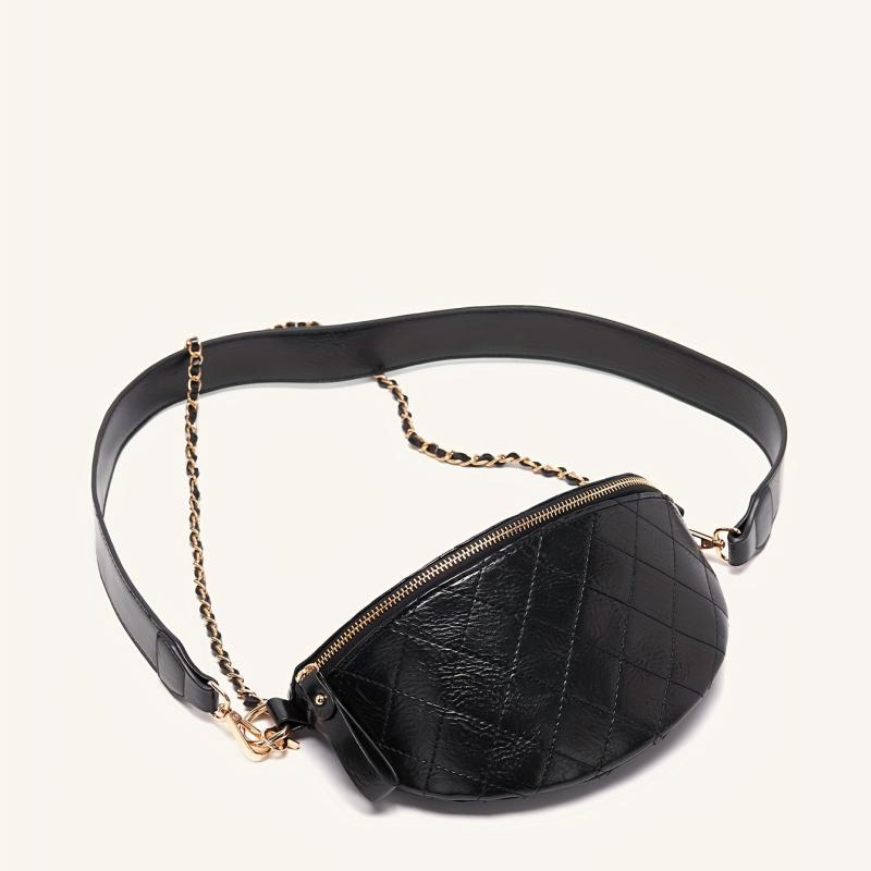 Argyle Quilted Fanny Pack Crossbody Chain Bag PU Leather Chest Purse