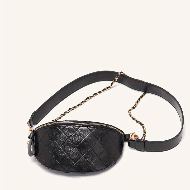 Argyle Quilted Fanny Pack Crossbody Chain Bag PU Leather Chest Purse