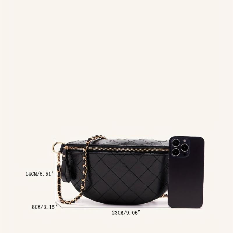 Argyle Quilted Fanny Pack Crossbody Chain Bag PU Leather Chest Purse
