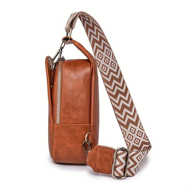 Vintage Sling Backpack Wide Guitar Strap Chest Bag Boho Style PU Leather