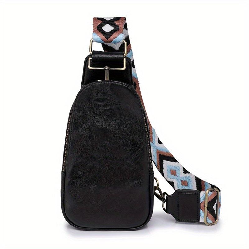 Vintage Sling Backpack Wide Guitar Strap Chest Bag Boho Style PU Leather