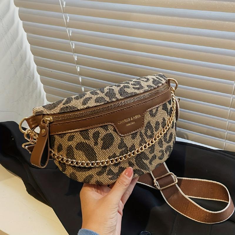 Houndstooth Fanny Pack Chain Decor Chest Purse Canvas Crossbody Bag
