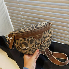 Houndstooth Fanny Pack Chain Decor Chest Purse Canvas Crossbody Bag