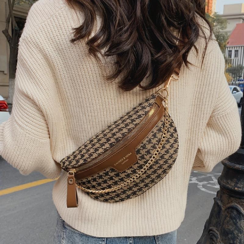 Houndstooth Fanny Pack Chain Decor Chest Purse Canvas Crossbody Bag