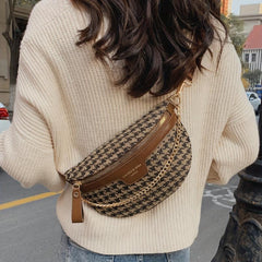 Houndstooth Fanny Pack Chain Decor Chest Purse Canvas Crossbody Bag