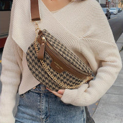 Houndstooth Fanny Pack Chain Decor Chest Purse Canvas Crossbody Bag
