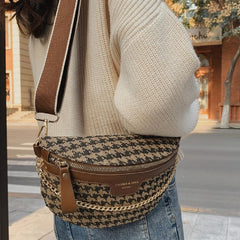 Houndstooth Fanny Pack Chain Decor Chest Purse Canvas Crossbody Bag