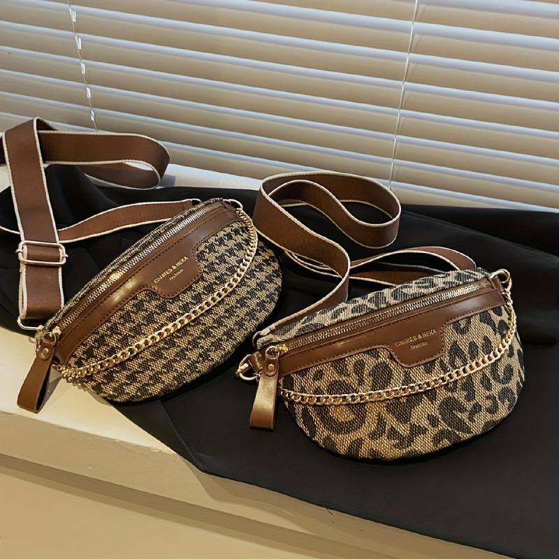 Houndstooth Fanny Pack Chain Decor Chest Purse Canvas Crossbody Bag
