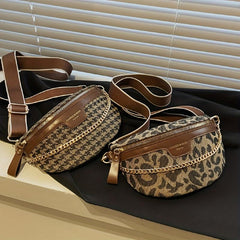 Houndstooth Fanny Pack Chain Decor Chest Purse Canvas Crossbody Bag