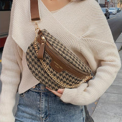 Houndstooth Fanny Pack Chain Decor Chest Purse Canvas Crossbody Bag