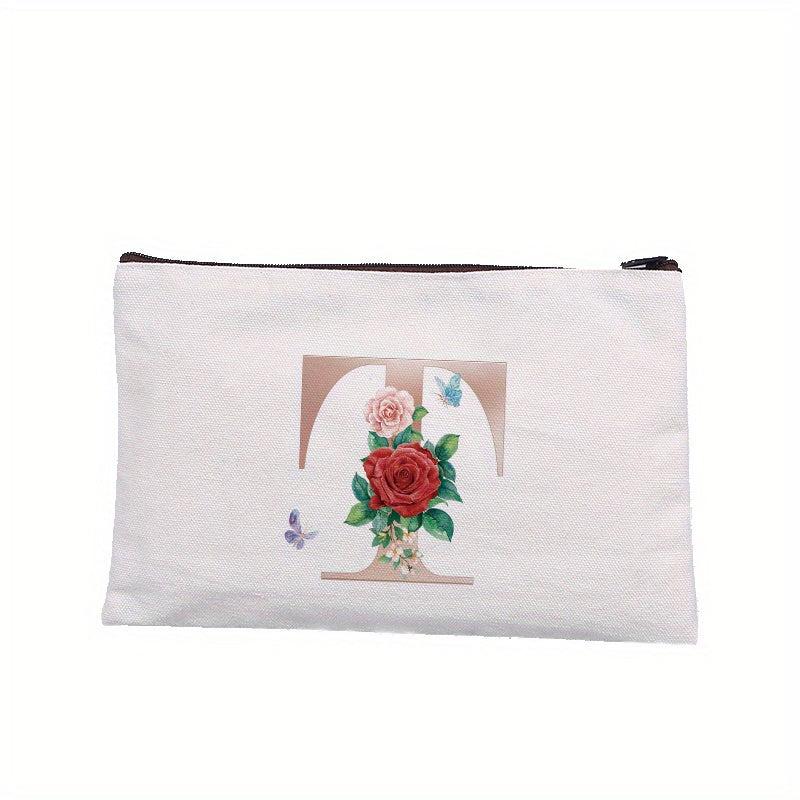 Rose Letter Printed Cosmetic Bag Canvas Makeup Pouch Lightweight