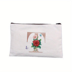 Rose Letter Printed Cosmetic Bag Canvas Makeup Pouch Lightweight
