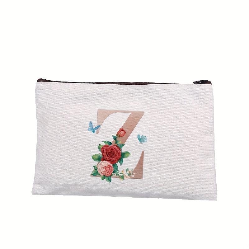 Rose Letter Printed Cosmetic Bag Canvas Makeup Pouch Lightweight
