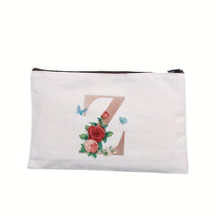 Rose Letter Printed Cosmetic Bag Canvas Makeup Pouch Lightweight