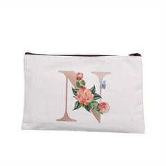 Rose Letter Printed Cosmetic Bag Canvas Makeup Pouch Lightweight
