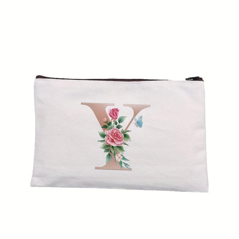 Rose Letter Printed Cosmetic Bag Canvas Makeup Pouch Lightweight