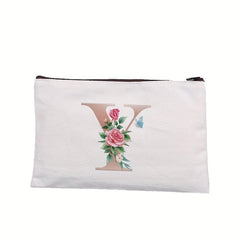 Rose Letter Printed Cosmetic Bag Canvas Makeup Pouch Lightweight