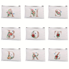 Rose Letter Printed Cosmetic Bag Canvas Makeup Pouch Lightweight