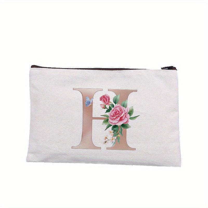 Rose Letter Printed Cosmetic Bag Canvas Makeup Pouch Lightweight