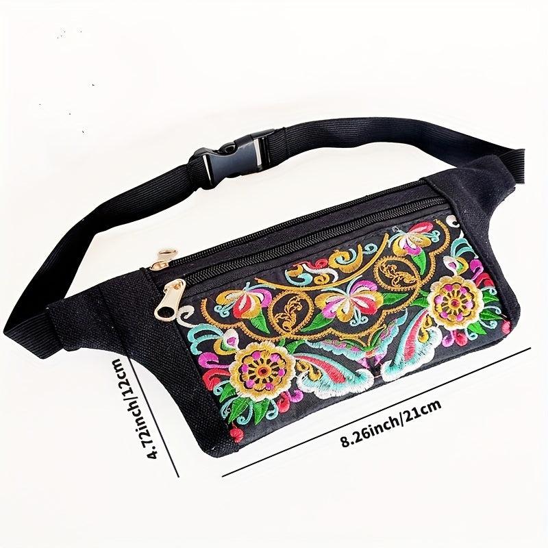 Embroidered Zipper Front Canvas Fanny Pack Women Waist Bag