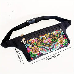 Embroidered Zipper Front Canvas Fanny Pack Women Waist Bag