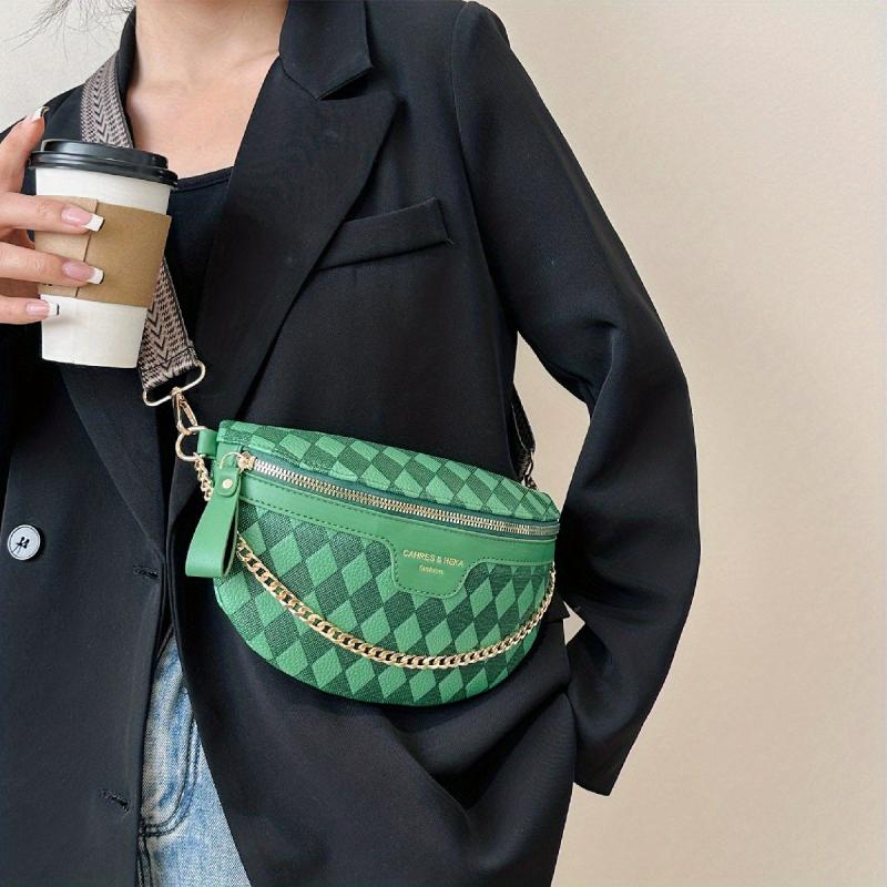 Argyle Embossed Fanny Pack Chain Decor Crossbody Purse