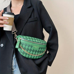 Argyle Embossed Fanny Pack Chain Decor Crossbody Purse
