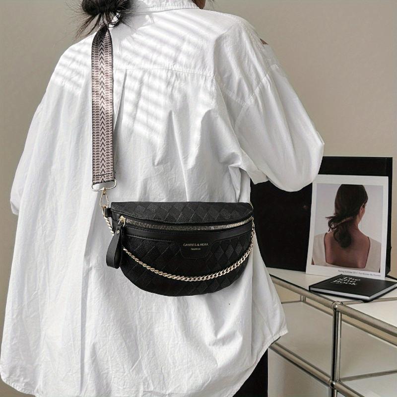 Argyle Embossed Fanny Pack Chain Decor Crossbody Purse