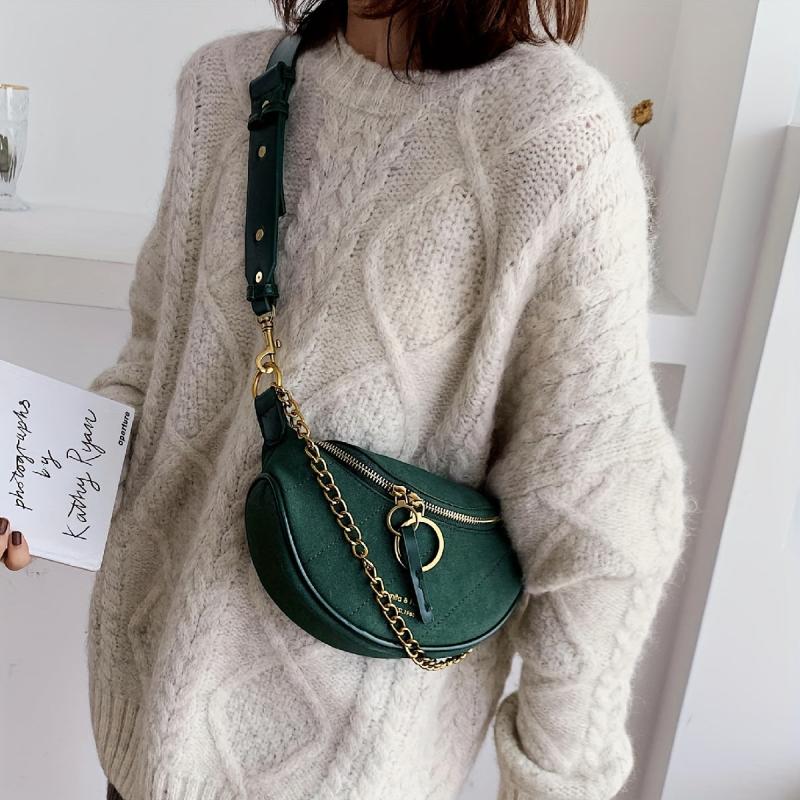 Green Suede Crossbody Bag Golden Chain Decor Chest Bag