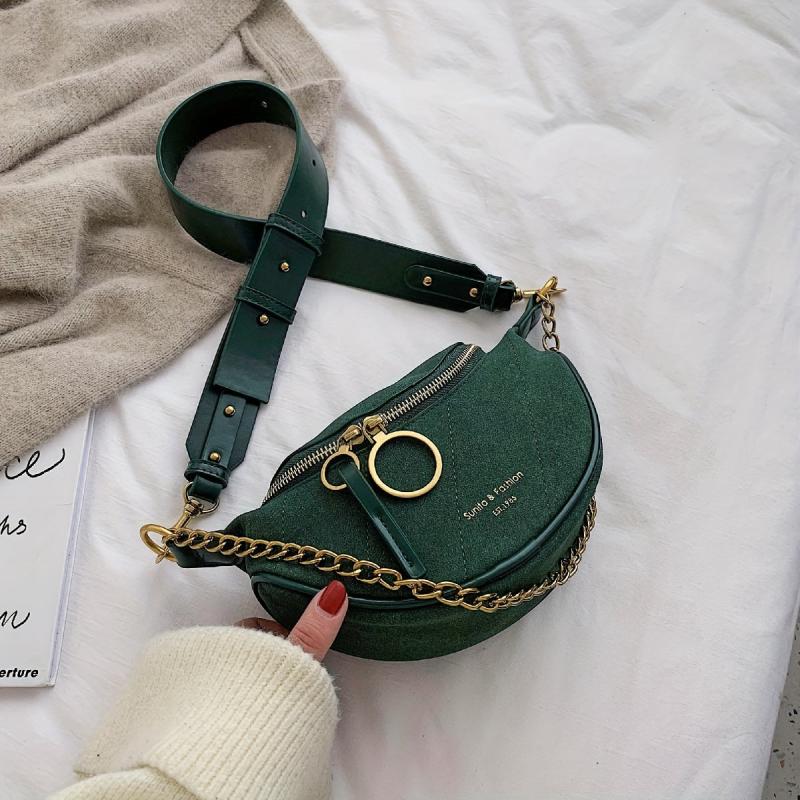 Green Suede Crossbody Bag Golden Chain Decor Chest Bag