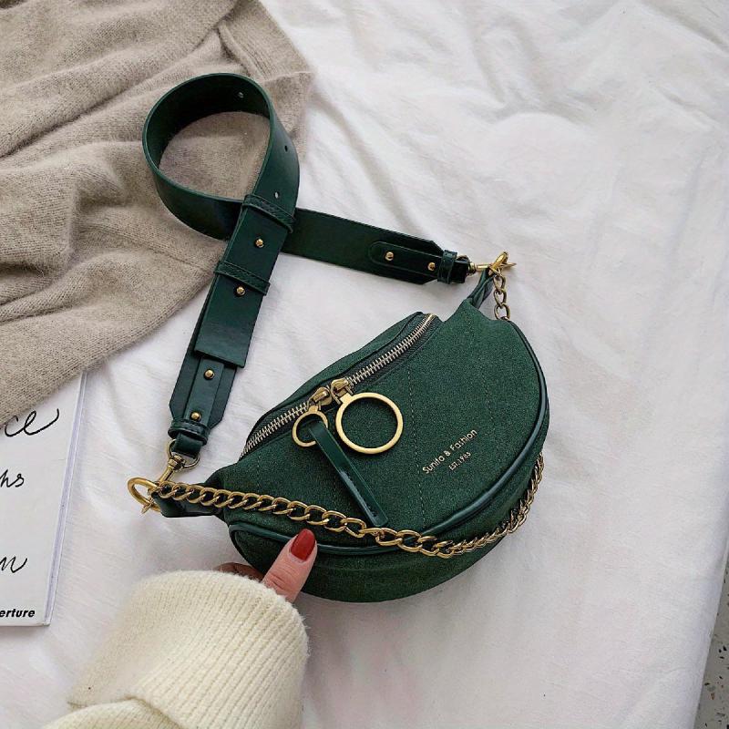 Green Suede Crossbody Bag Golden Chain Decor Chest Bag