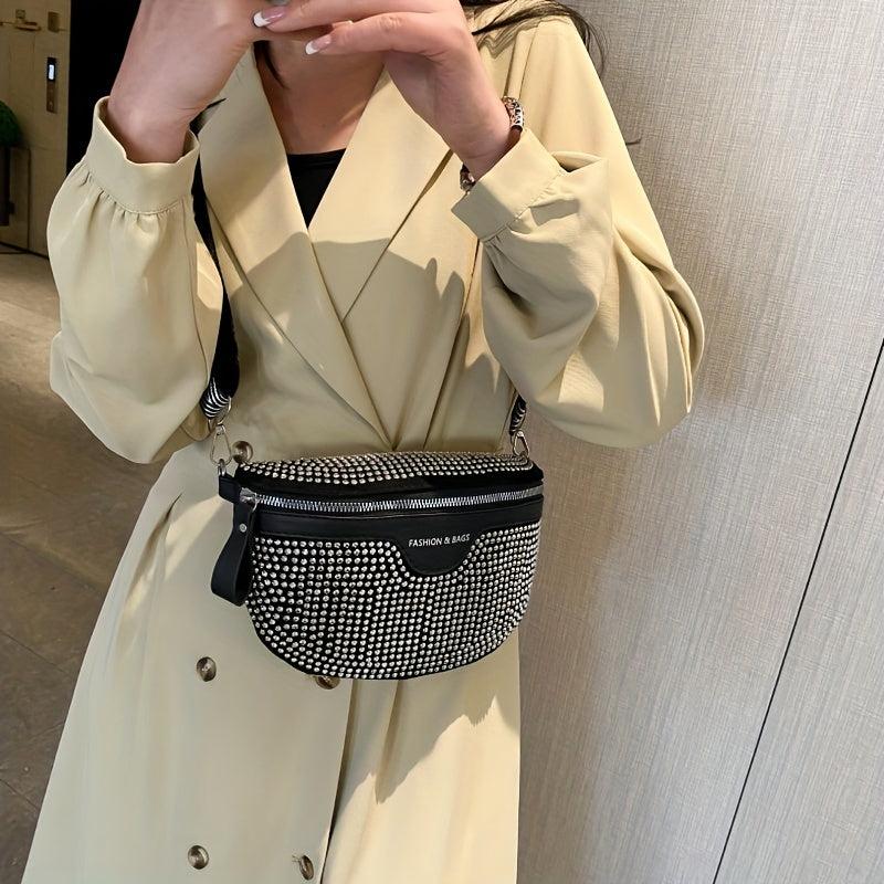 Rhinestone Decor Waist Bag Wide Strap Crossbody Bag Chest Purse