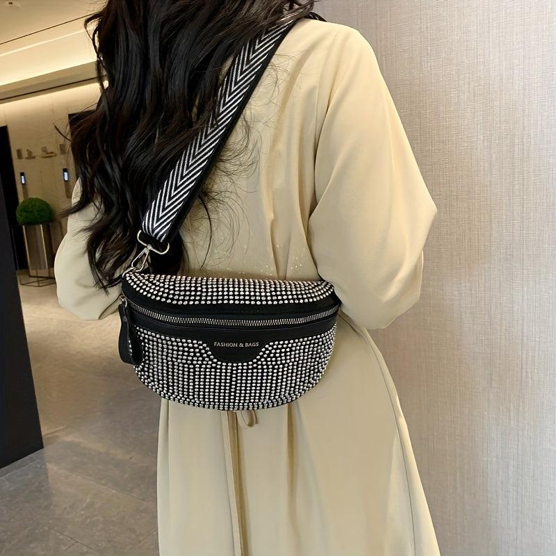 Rhinestone Decor Waist Bag Wide Strap Crossbody Bag Chest Purse