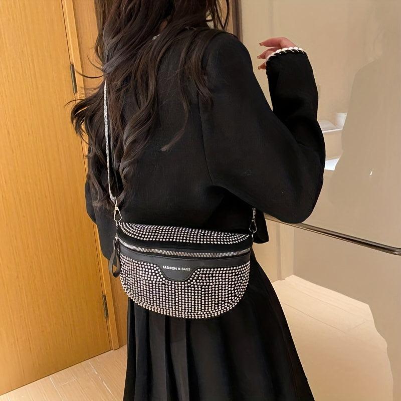 Rhinestone Decor Waist Bag Wide Strap Crossbody Bag Chest Purse