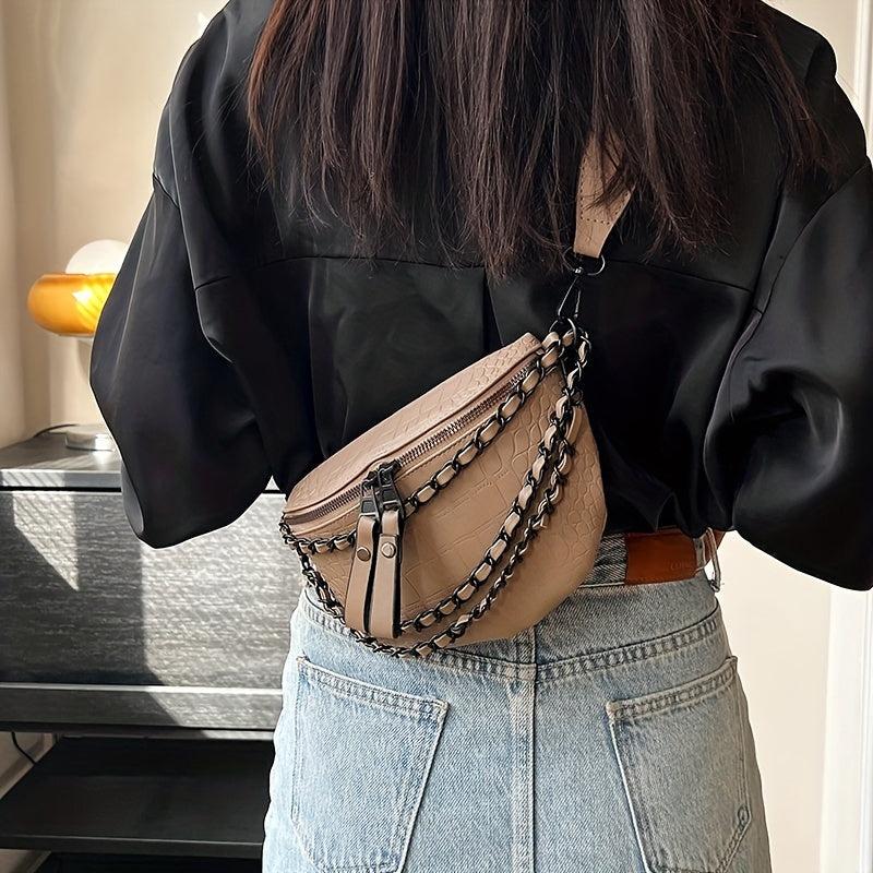 Crocodile Embossed Fanny Pack Chain Crossbody Bag