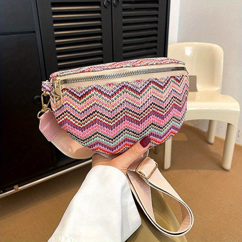 Vintage Striped Woven Chest Bag Boho Crossbody Bag & Purse For Women
