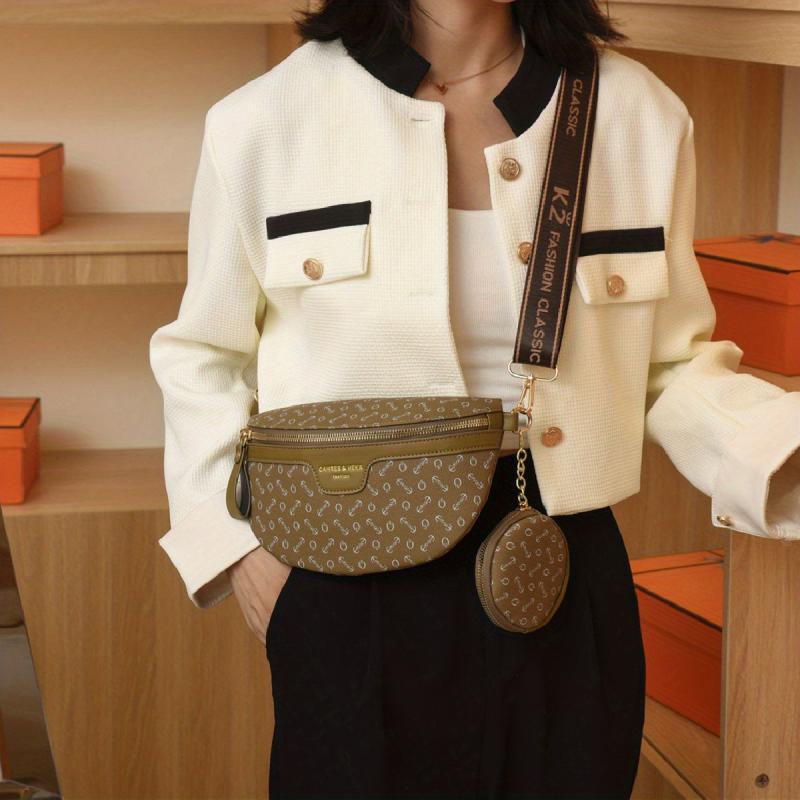 Letter Print PU Leather Chest Bag with Zipper and Pouch