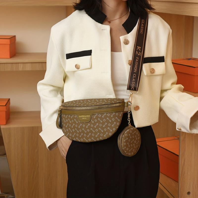 Letter Print PU Leather Chest Bag with Zipper and Pouch