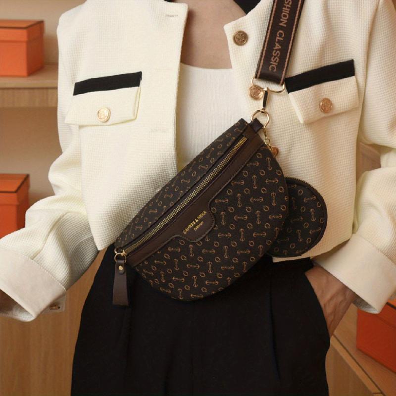 Letter Print PU Leather Chest Bag with Zipper and Pouch