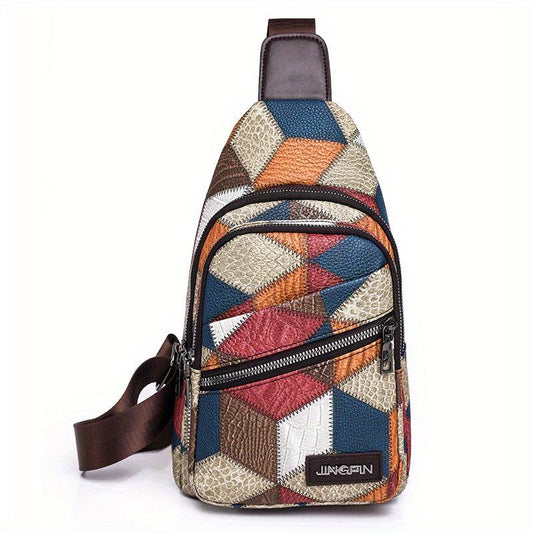 Embossed Colorblock Sling Bag Vintage Stitching Chest Purse Zipper Front