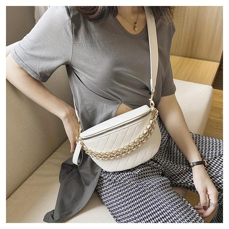 Argyle Quilted Chain Fanny Pack Crossbody Bag Women's PU Leather Chest Purse