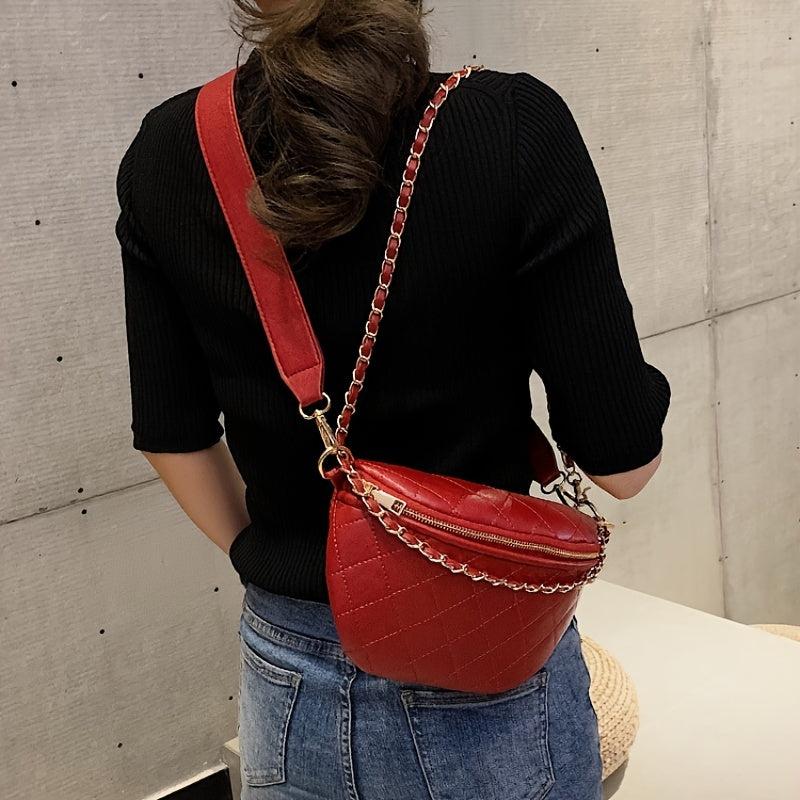 Argyle Quilted Chain Fanny Pack Crossbody Bag Women's PU Leather Chest Purse