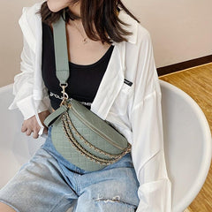Argyle Quilted Chain Fanny Pack Crossbody Bag Women's PU Leather Chest Purse
