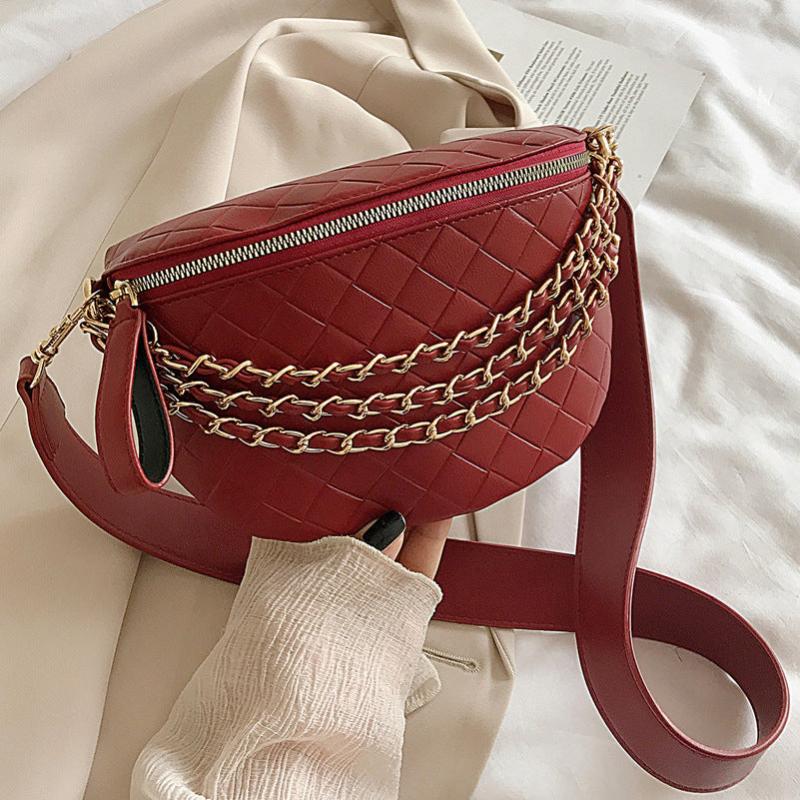 Argyle Quilted Chain Fanny Pack Crossbody Bag Women's PU Leather Chest Purse