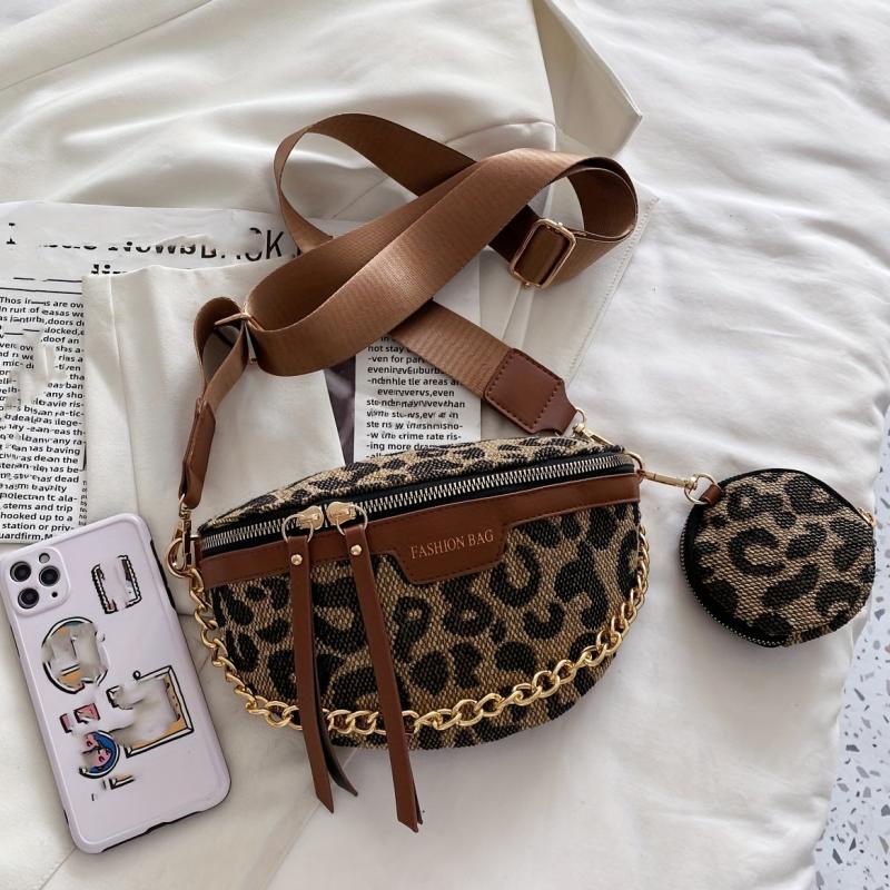 Leopard Print Khaki Chest Bag Coin Bag Zipper Chain Crossbody Waist Bag