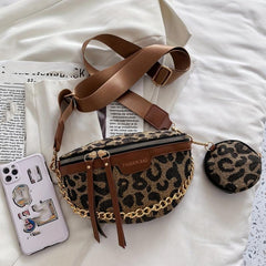 Leopard Print Khaki Chest Bag Coin Bag Zipper Chain Crossbody Waist Bag