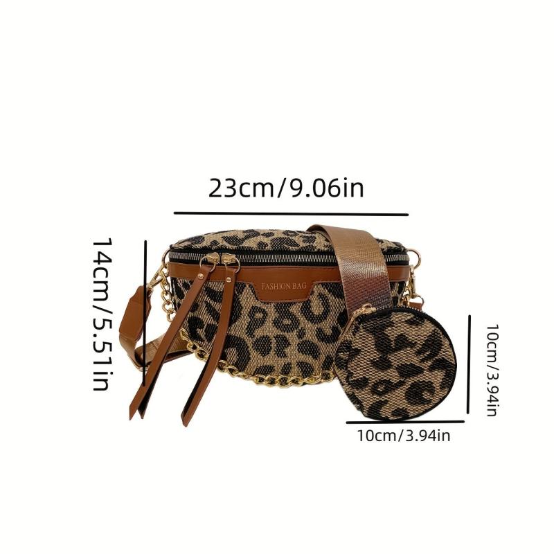 Leopard Print Khaki Chest Bag Coin Bag Zipper Chain Crossbody Waist Bag